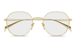 Shop GUCCI Logo Signature Round Eyeglasses in Gold online.