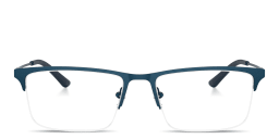 Shop Emporio Armani Eagle Logo Half-Rim Wide Rectangle Eyeglasses in Blue online.