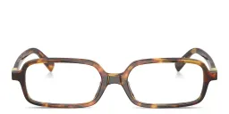 Shop MIU MIU Vertical Logo Rectangle Eyeglasses in Honey Havana online.