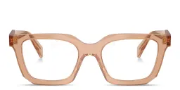 Shop PRADA Logo Signature Square Eyeglasses in Transparent Chocolate online.