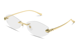 Shop Cartier Panthère de Cartier Rimless Wide Oval Eyeglasses in Gold online.