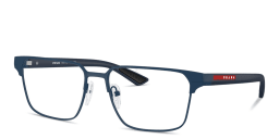 Shop Prada Linea Rossa Logo Signature Wide Square Eyeglasses in Rubber Blue online.