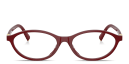 Shop MIU MIU Vertical Logo Oval Eyeglasses in Opal Burgundy online.