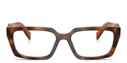 Shop PRADA Logo Print Rectangle Eyeglasses in Juniper Havana online.