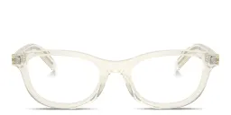 Shop PRADA Logo Signature Oval Eyeglasses in Transparent Champagne online.