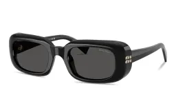 Shop MIU MIU Vertical Logo Rectangle Sunglasses in Black online.