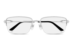 Shop Cartier Half-Rim Wide Rectangle Eyeglasses with Elongated C de Cartier Motif in Silver online.