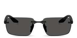 Shop Prada Linea Rossa Logo Lettering Rimless Rectangle Sunglasses in Black online.