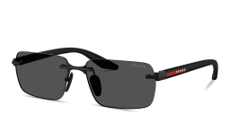 Shop Prada Linea Rossa Logo Lettering Rimless Rectangle Sunglasses in Black online.