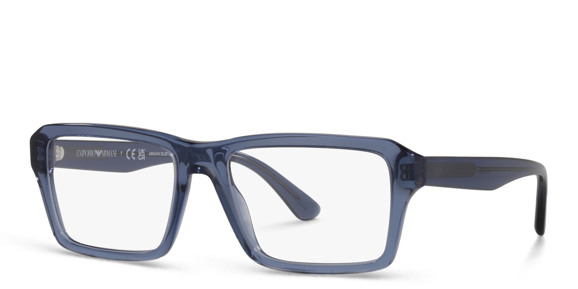 Emporio Armani Wide Rectangle Eyeglasses in Shiny Transparent Blue – Product Photo 2