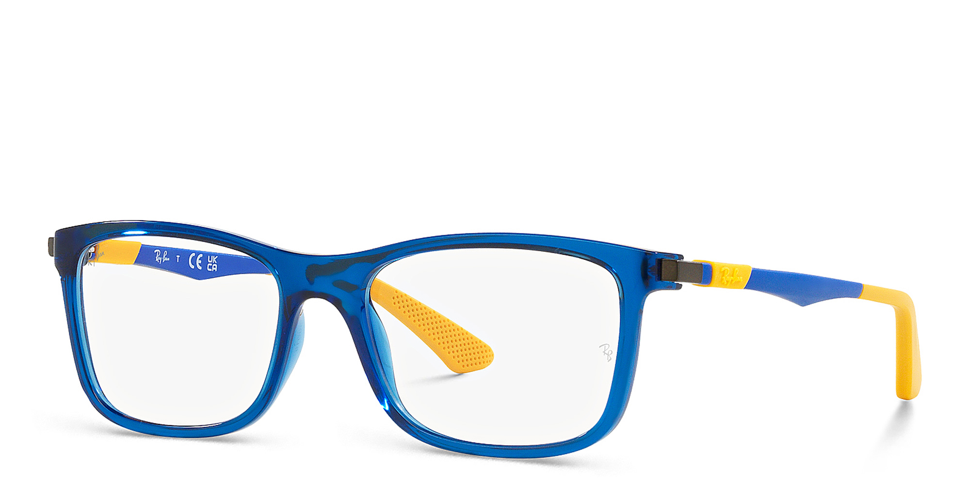 Ray-Ban Junior Kids Square Eyeglasses in Polished Transparent Blue – Product Photo 2