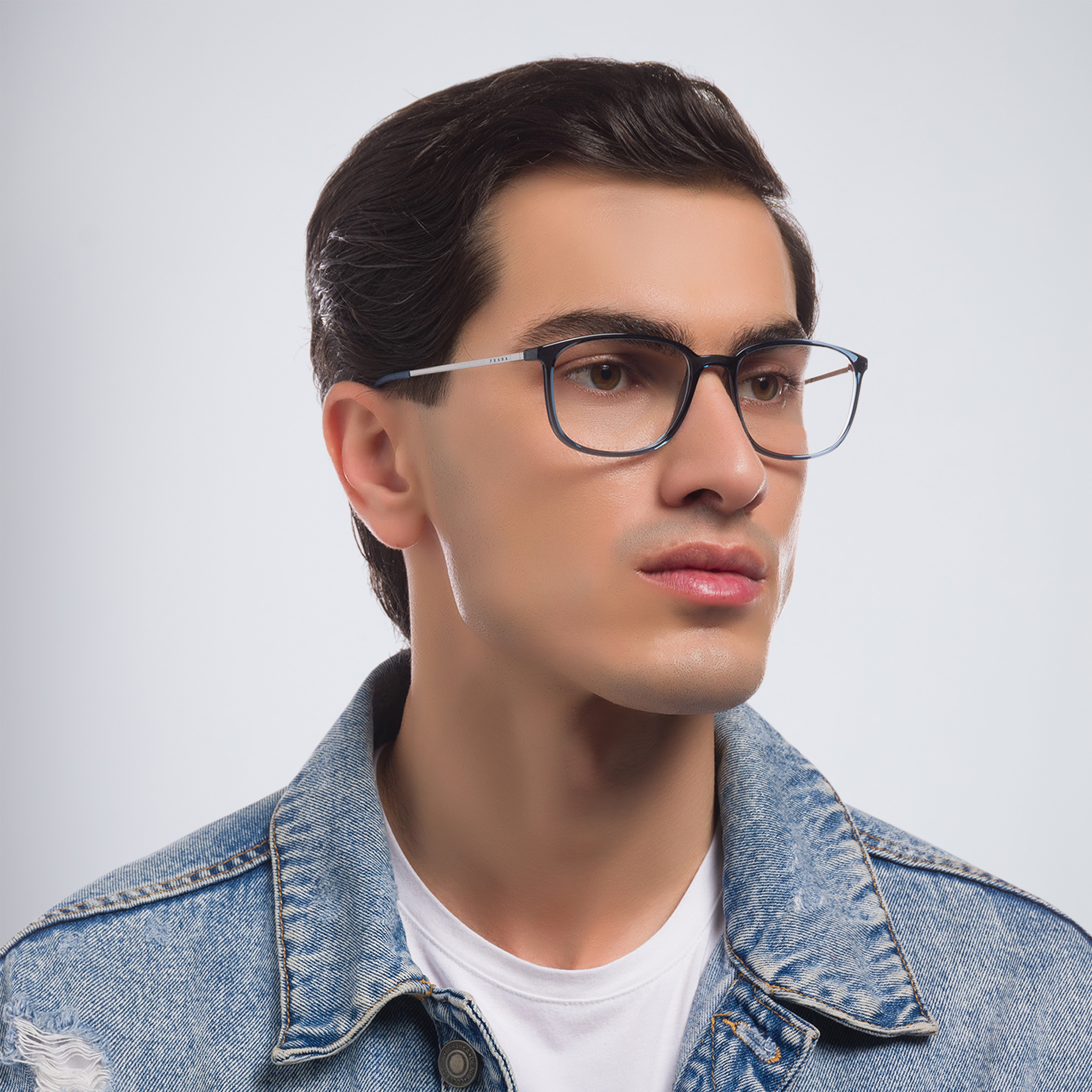 Prada Linea Rossa Wide Rectangle Eyeglasses in Transparent Blue – Product Photo 6