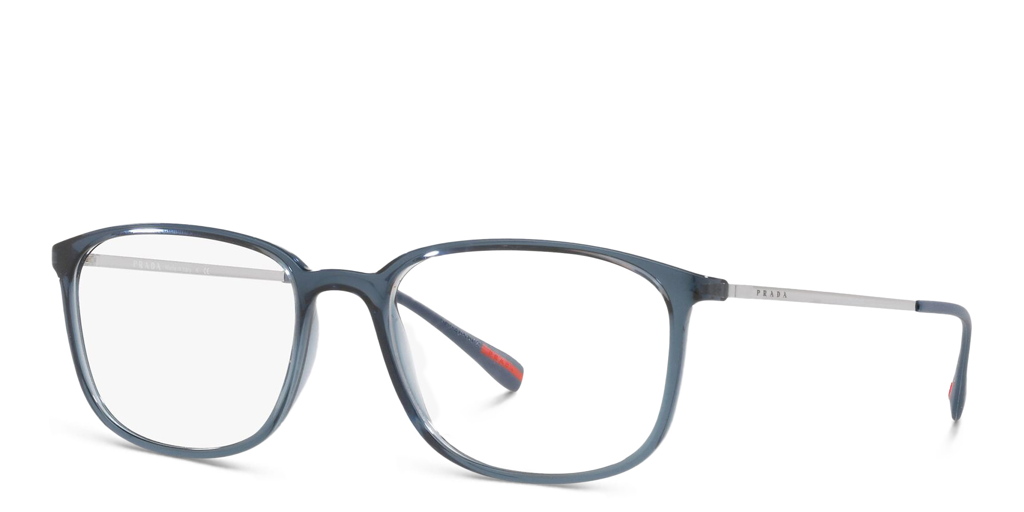 Prada Linea Rossa Wide Rectangle Eyeglasses in Transparent Blue – Product Photo 2