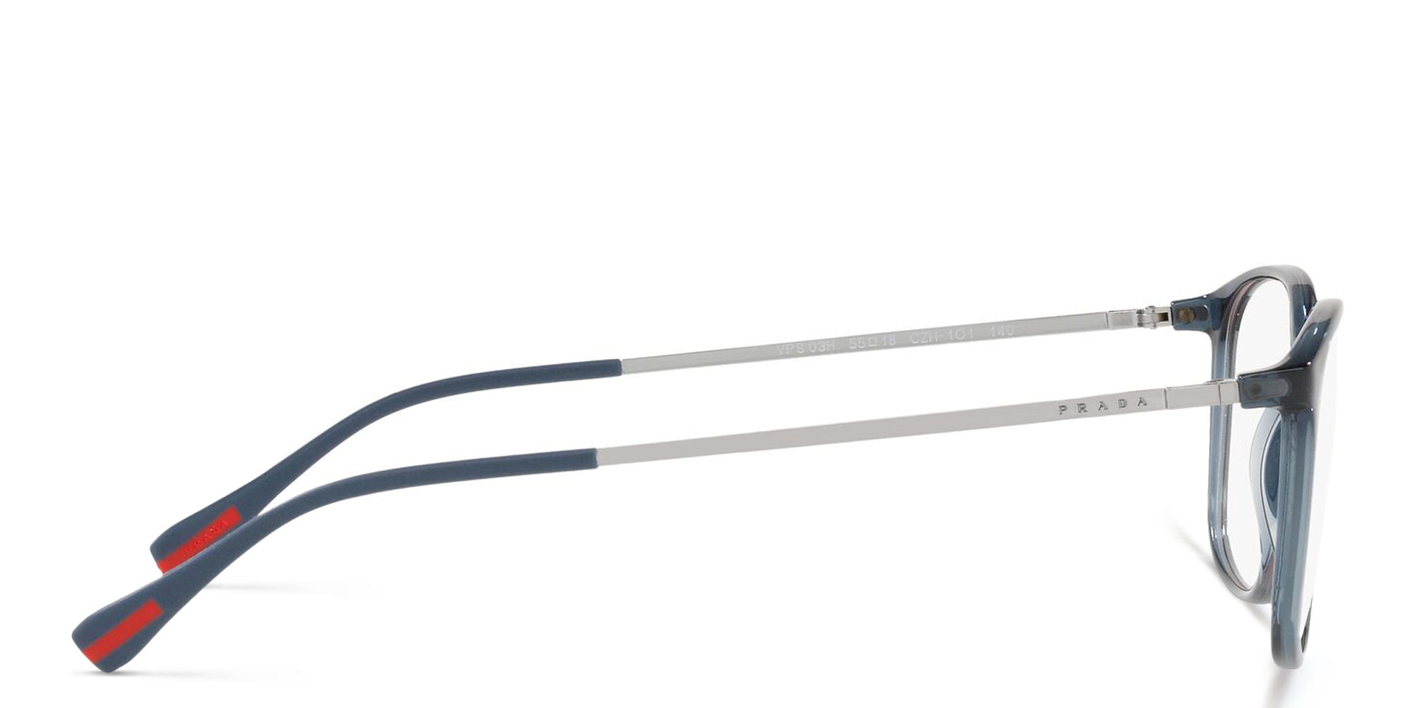 Prada Linea Rossa Wide Rectangle Eyeglasses in Transparent Blue – Product Photo 3