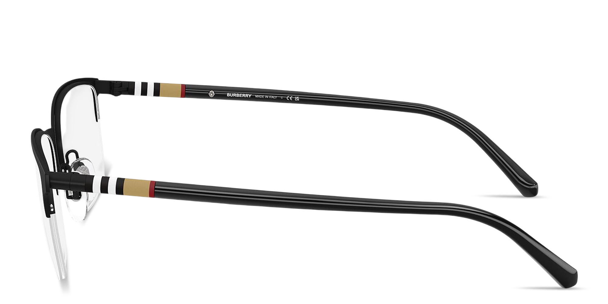 Shop BURBERRY Check Half-Rim Rectangle Eyeglasses in Black Rubber online.