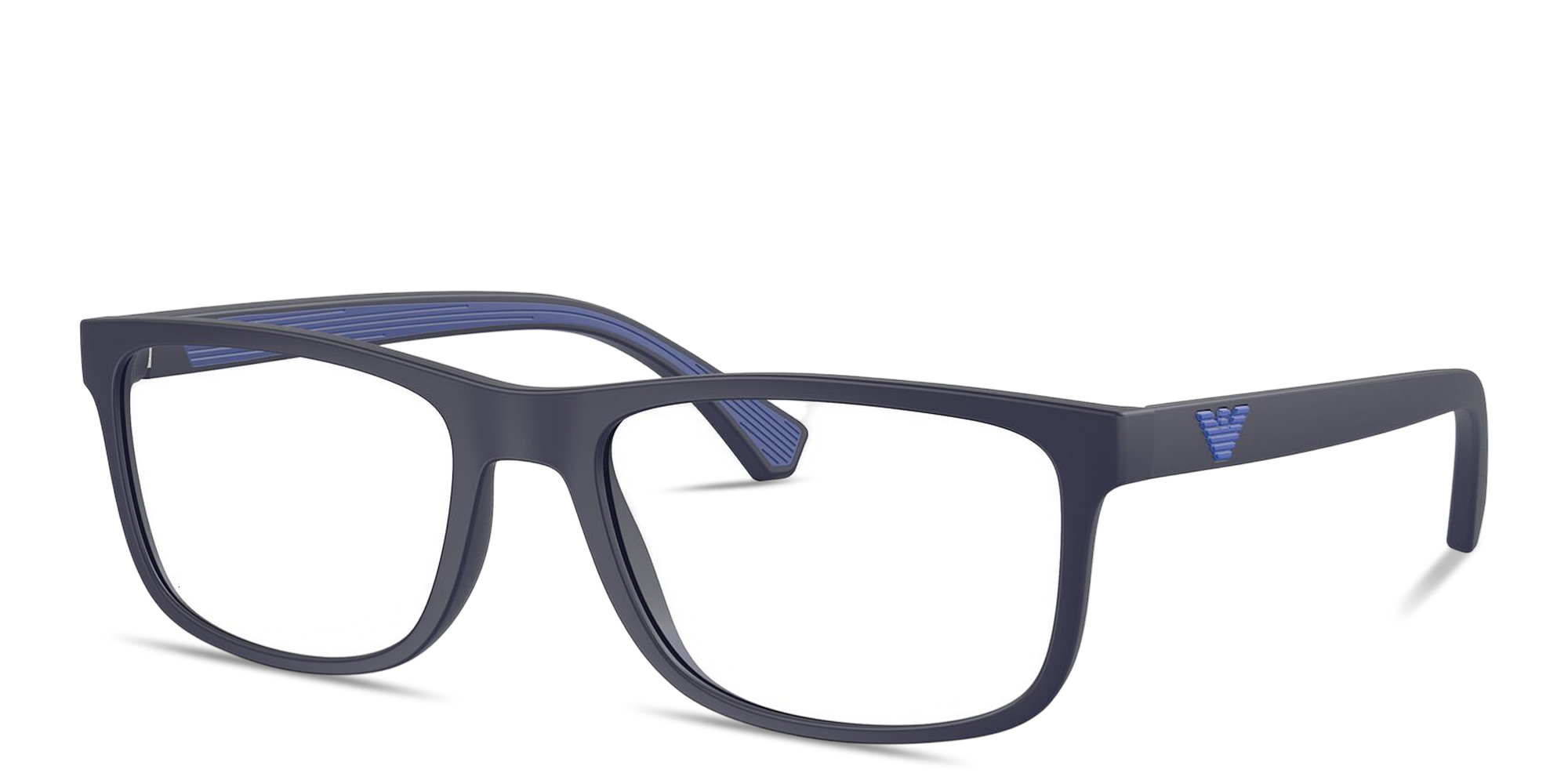 Shop Emporio Armani Eagle Logo Wide Rectangle Eyeglasses in Matte Blue online.