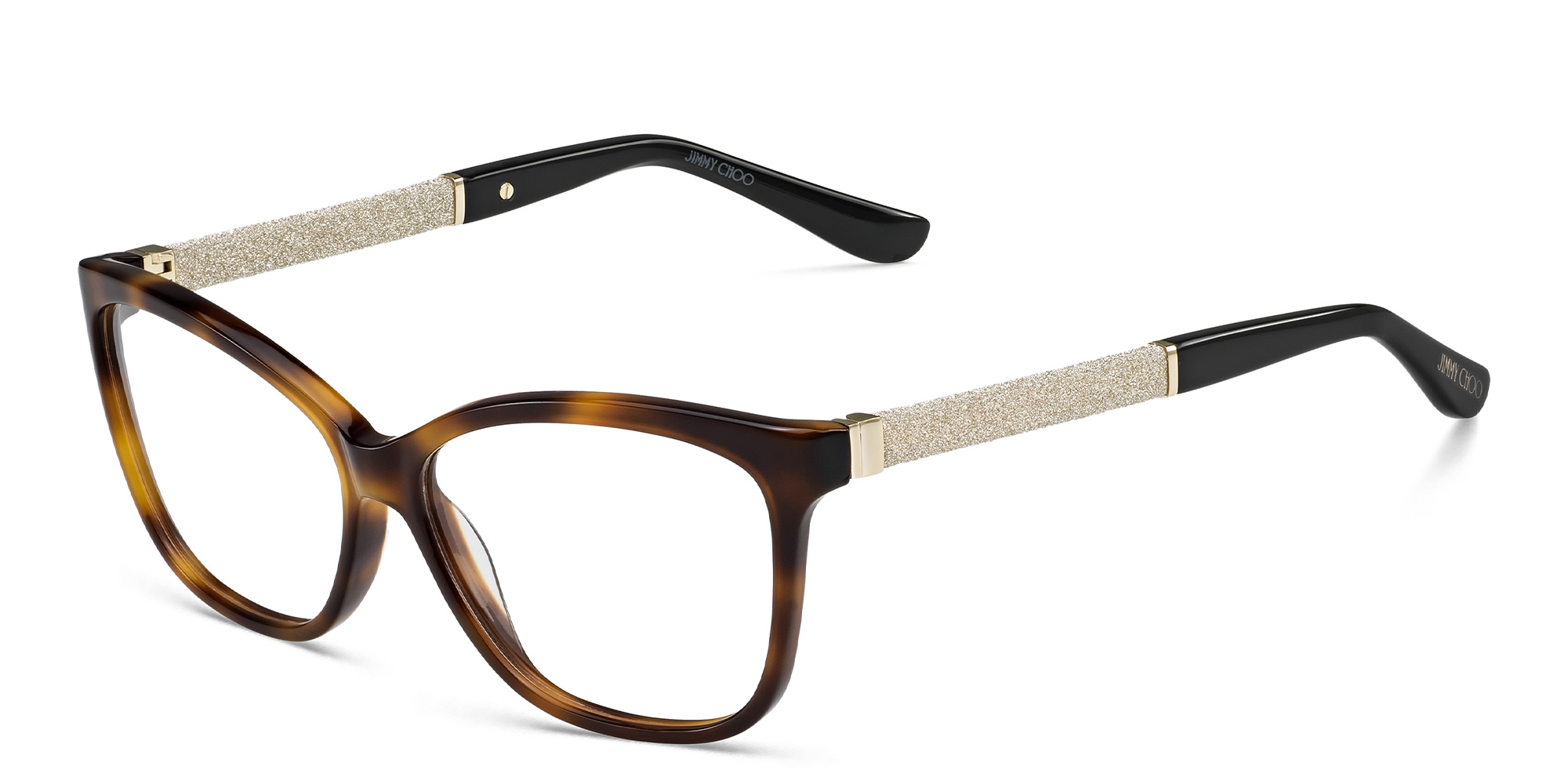 Shop JIMMY CHOO Rectangle Eyeglasses in Havana Glitter Black online.