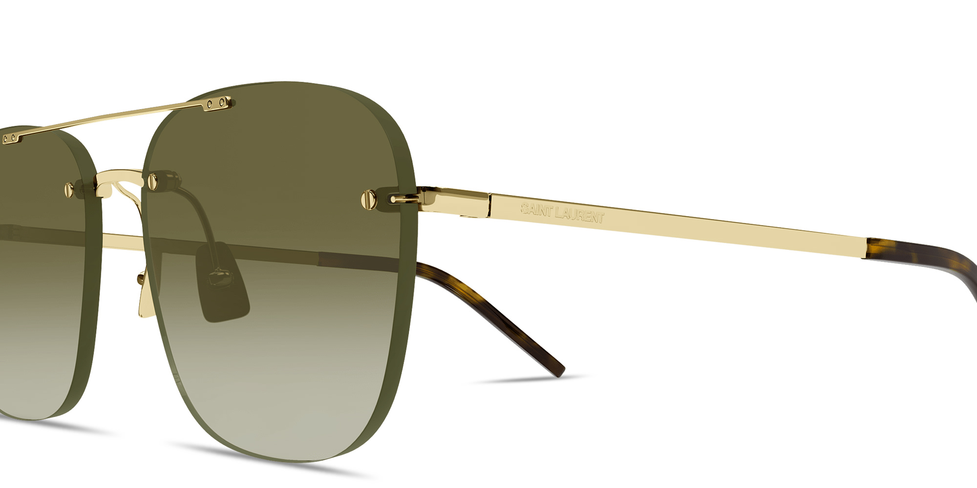 Shop SAINT LAURENT Engraved Logo Unisex Rimless Aviator Sunglasses in Light Gold online.