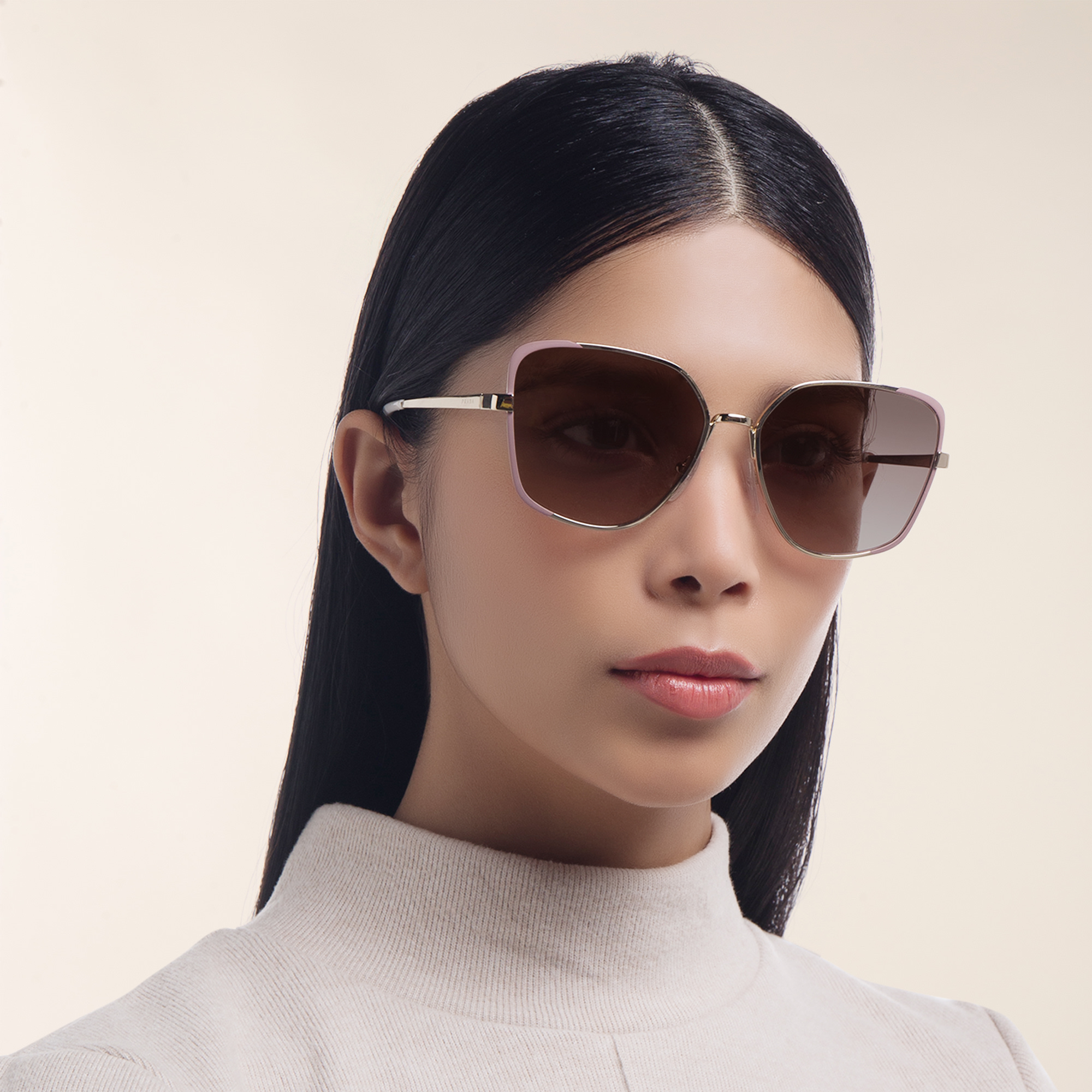 PRADA Wide Irregular Sunglasses in Pale Gold/Matte Pink – Product Photo 6