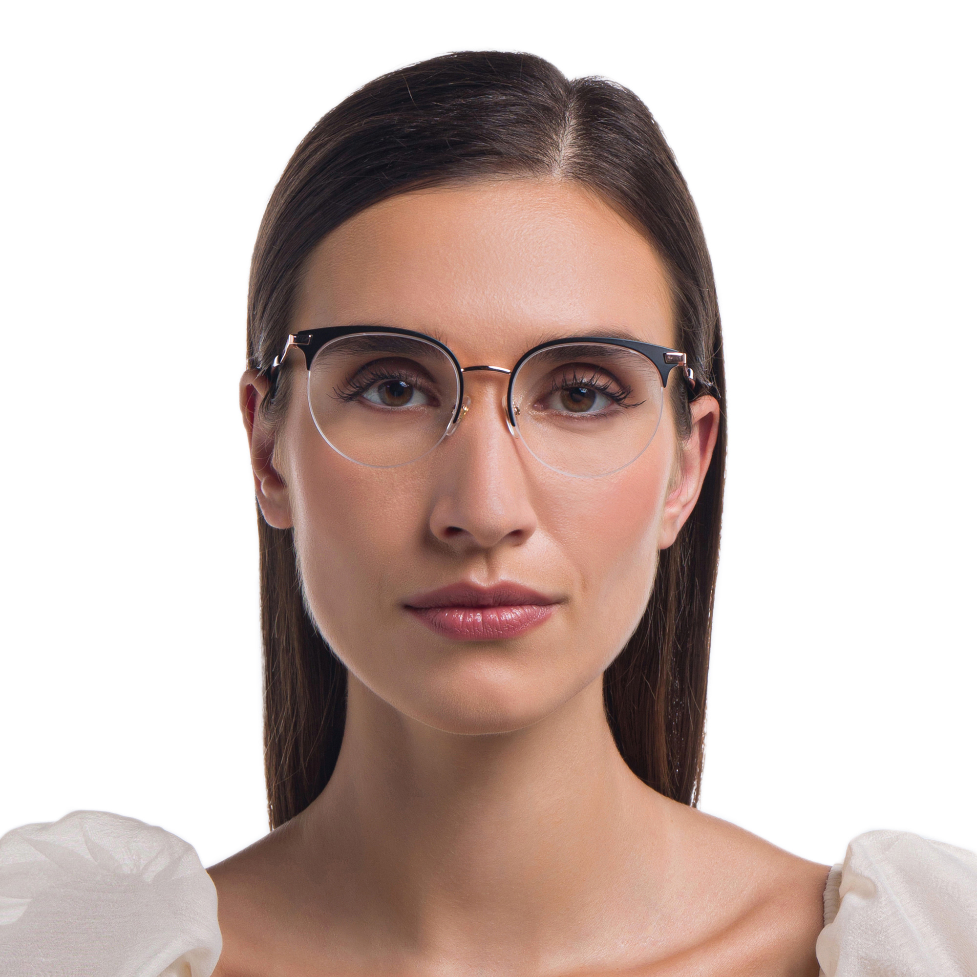 Shop EYE'M Half Rim Cat Eye Eyeglasses in Black & Rosegold online.