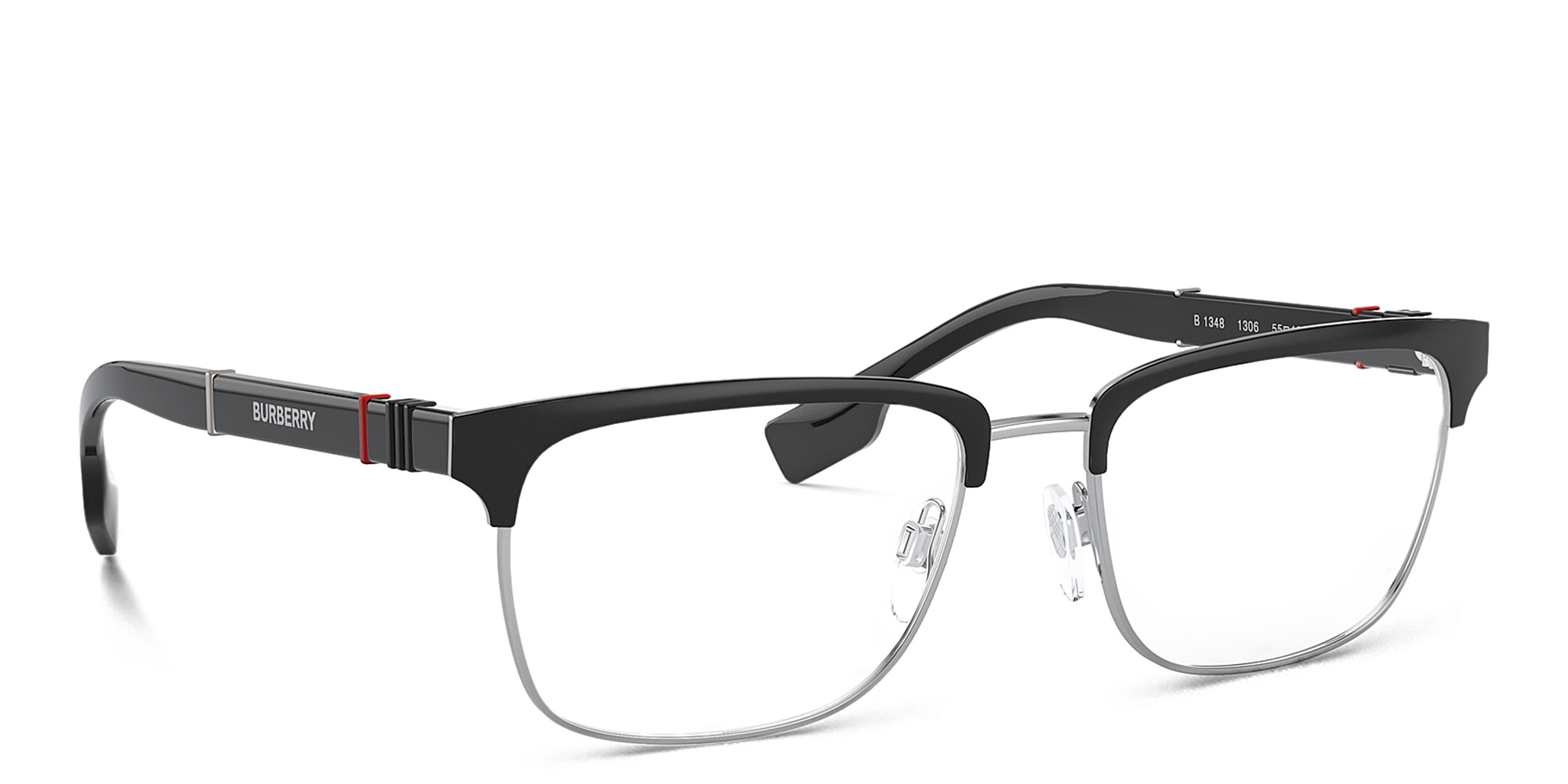 Shop BURBERRY Wide Rectangle Eyeglasses in Silver/Matte Black online.