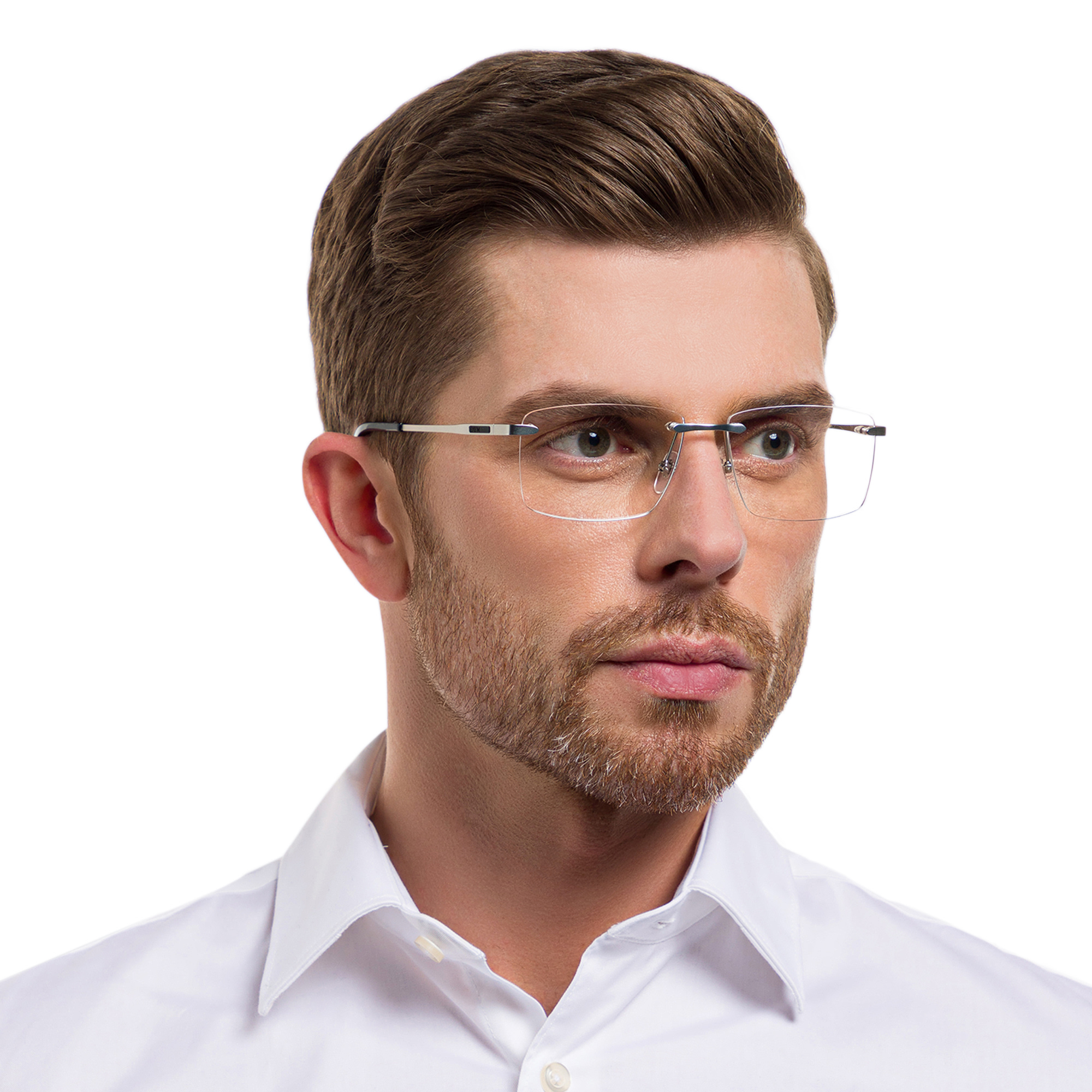 Shop EYE'M Rimless Wide Rectangle Eyeglasses in Silver online.