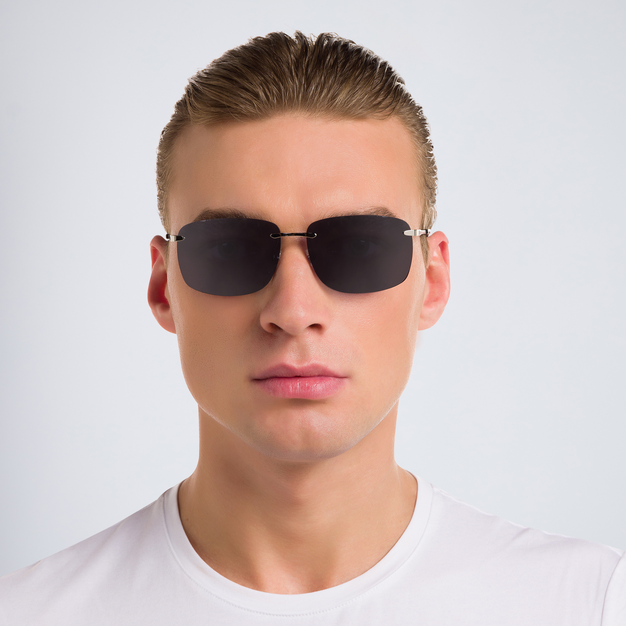 EYE'M Rimless Rectangle Sunglasses in Silver – Product Photo 4
