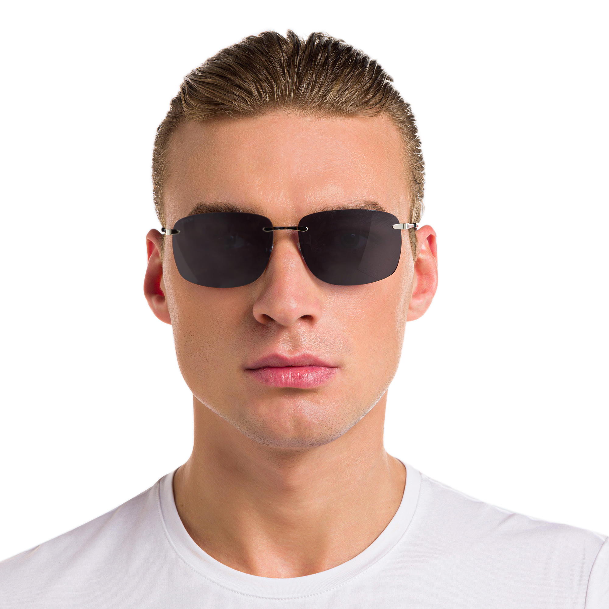 EYE'M Rimless Rectangle Sunglasses in Silver – Product Photo 5