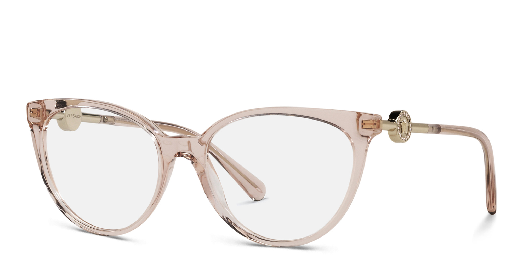 Shop VERSACE Medusa-Embellished Wide Panthos Eyeglasses in Transparent Pink online.