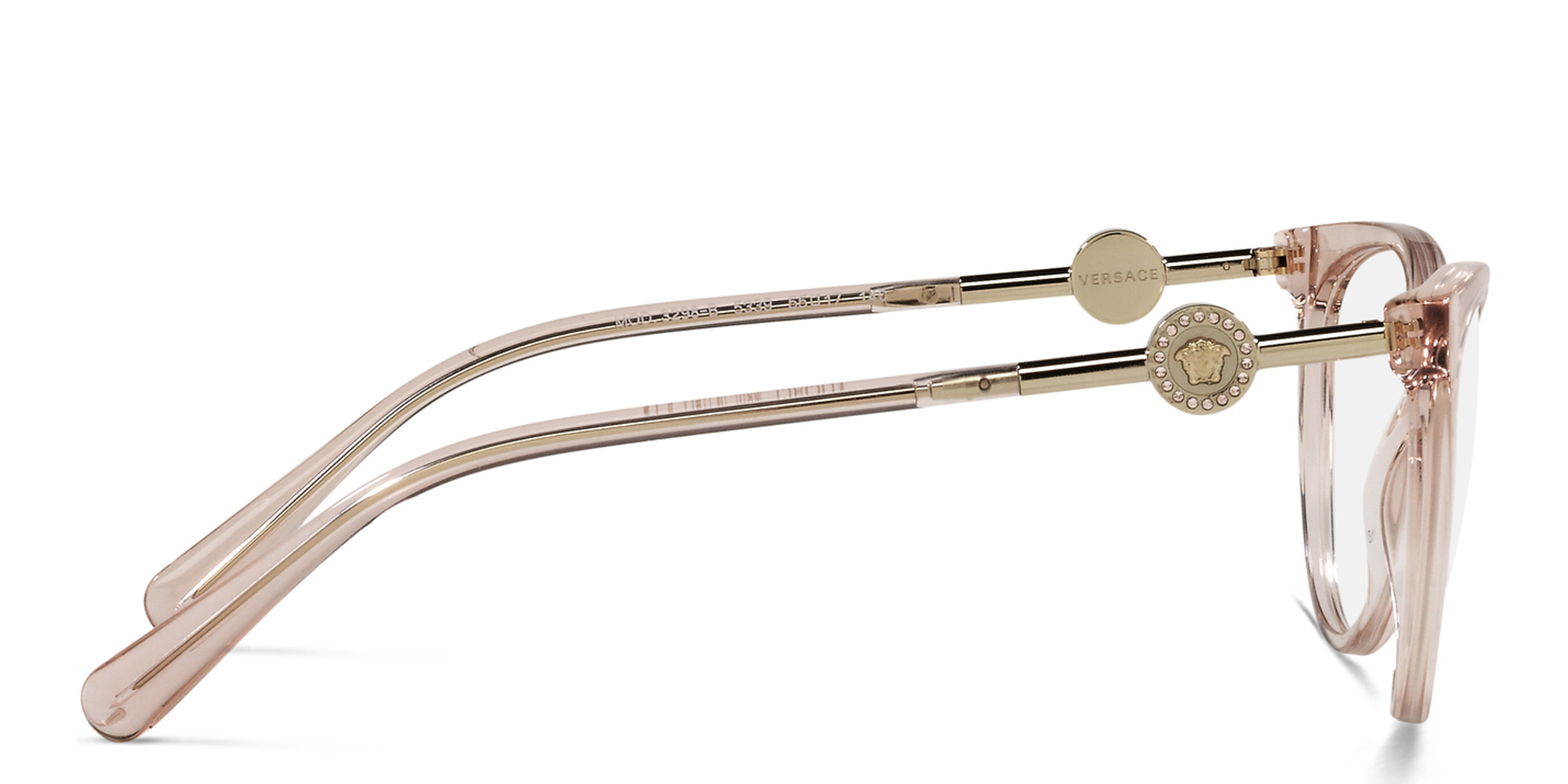 Shop VERSACE Medusa-Embellished Wide Panthos Eyeglasses in Transparent Pink online.