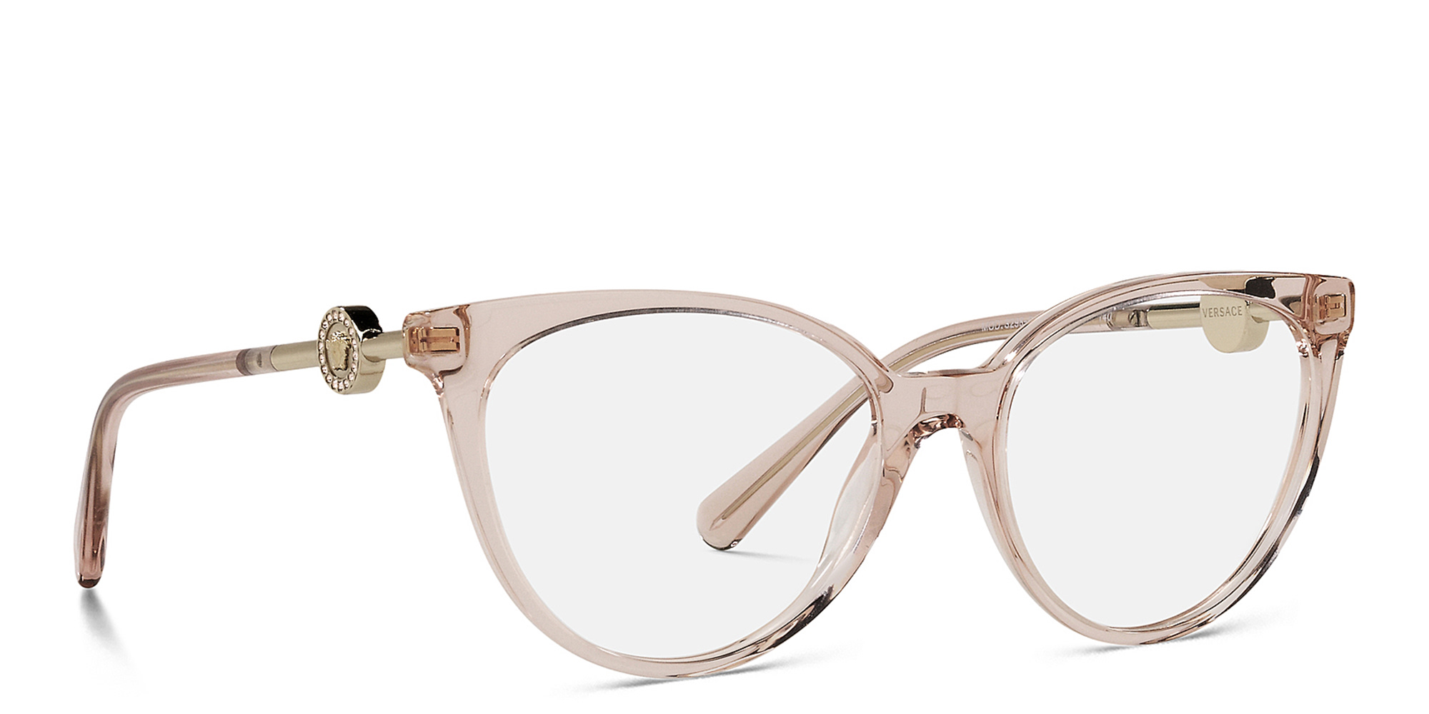 Shop VERSACE Medusa-Embellished Wide Panthos Eyeglasses in Transparent Pink online.