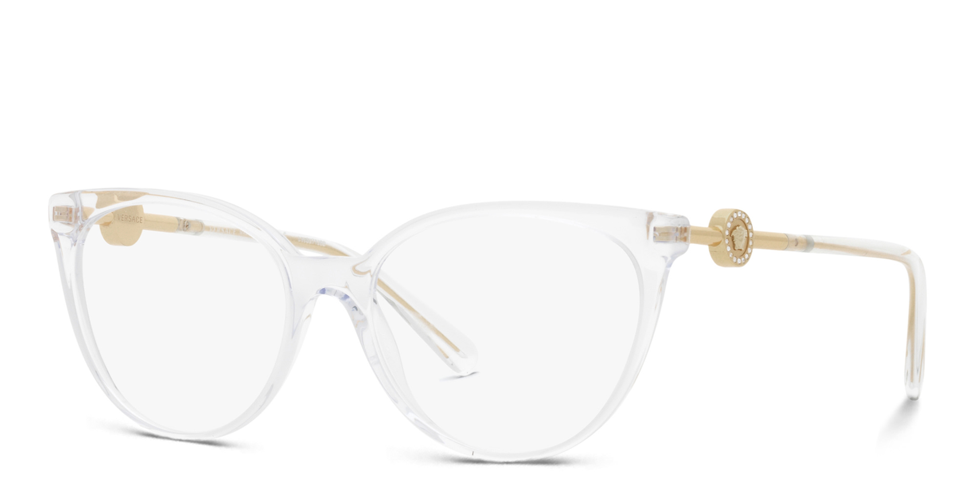 Shop VERSACE Medusa-embellished Panthos Eyeglasses in Crystal online.