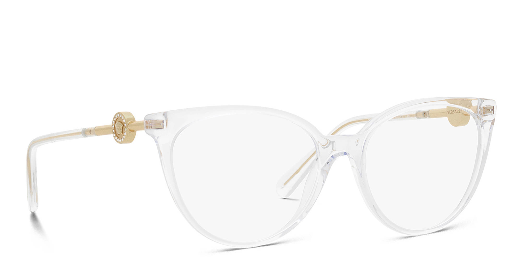 Shop VERSACE Medusa-embellished Panthos Eyeglasses in Crystal online.