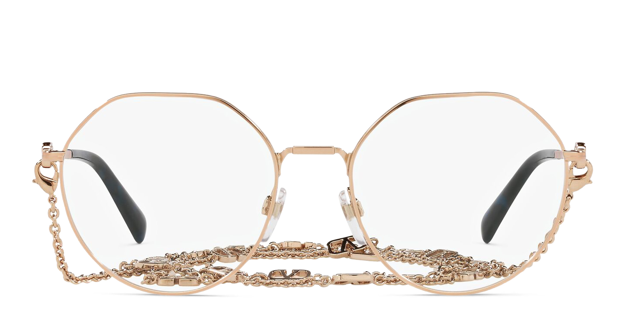 VALENTINO V Logo Irregular Eyeglasses with Removable Chain in Rose Gold – Product Photo 1