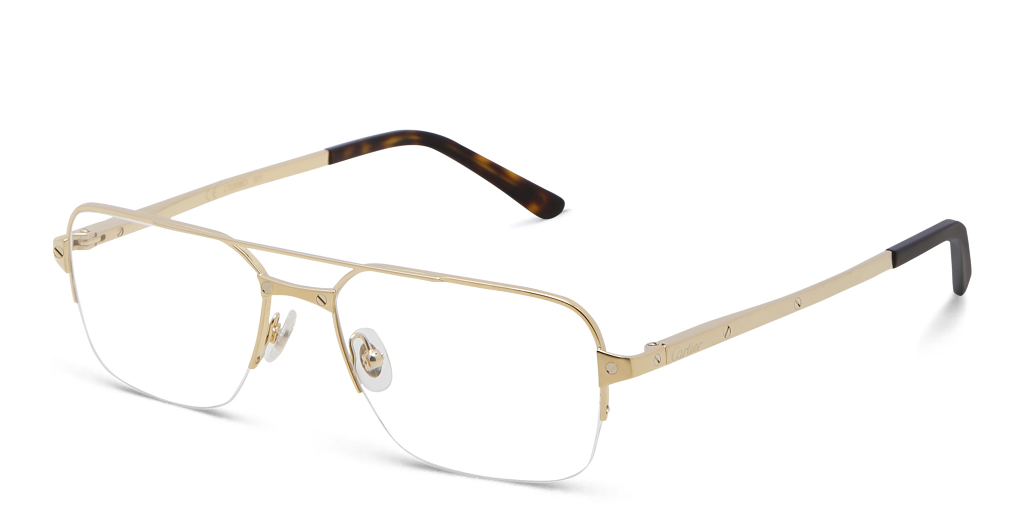 Shop Cartier Santos de Cartier Wide Half-Rim Eyeglasses in Gold online.