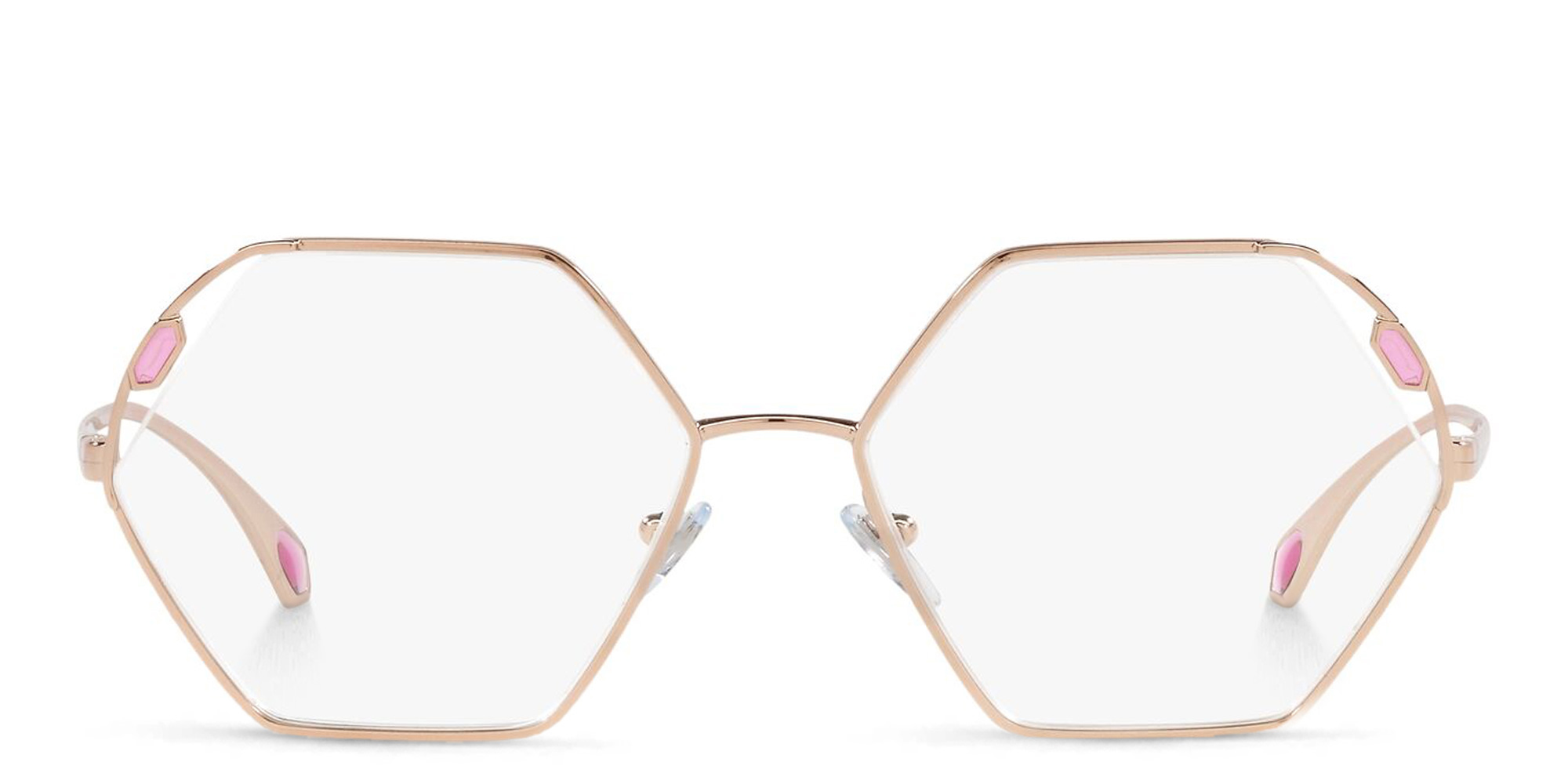 Shop BVLGARI Wide Irregular Eyeglasses in Pink Gold online.