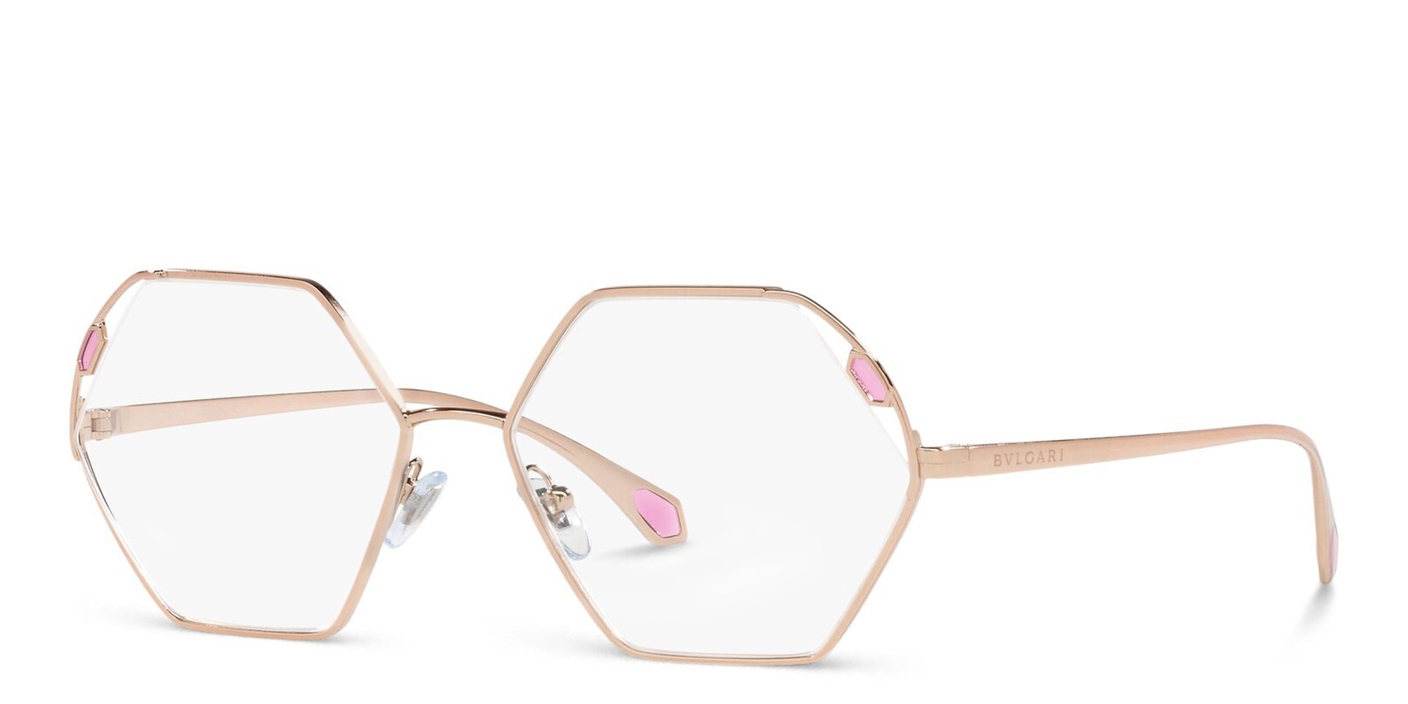 Shop BVLGARI Wide Irregular Eyeglasses in Pink Gold online.