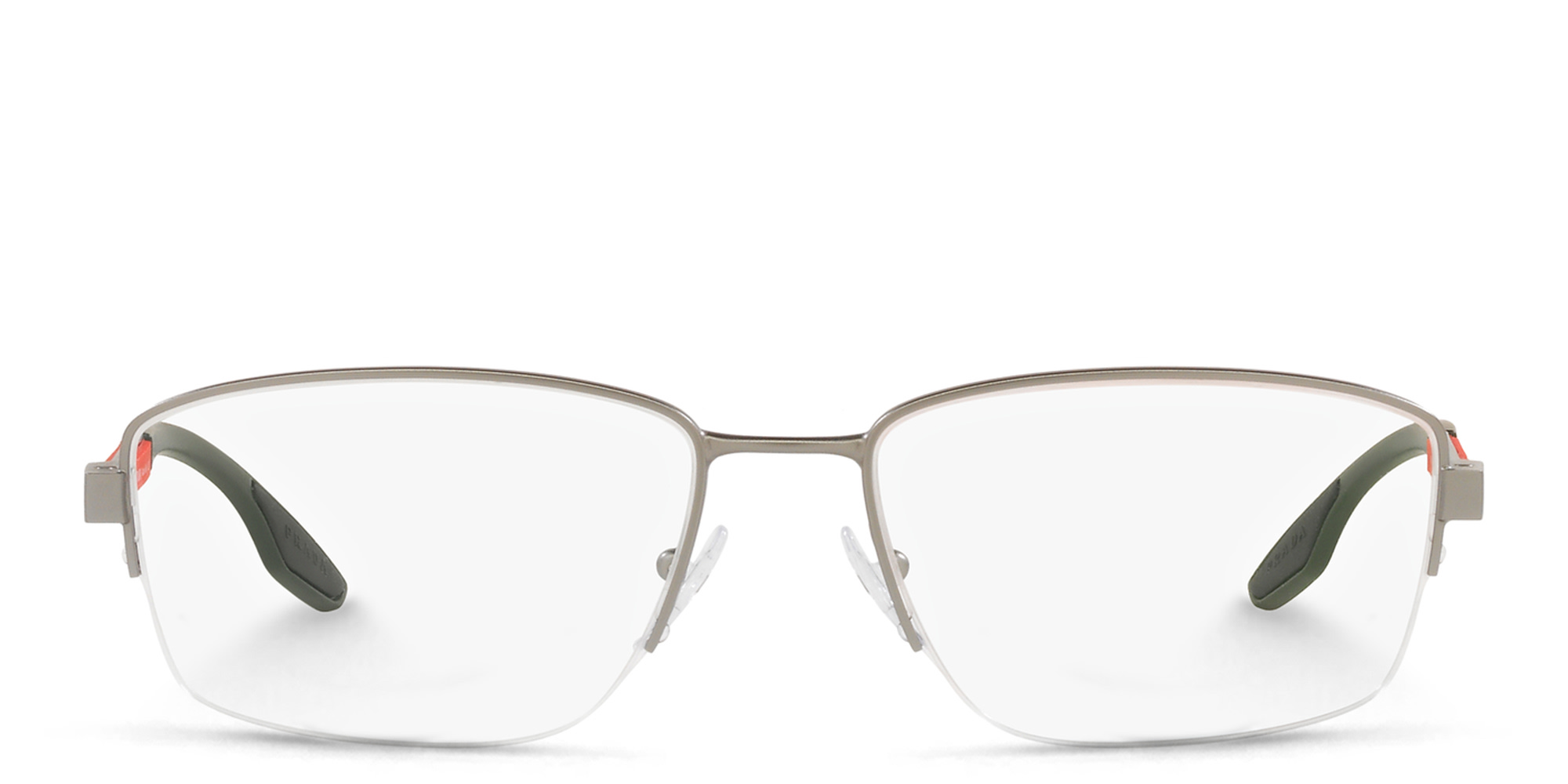 Shop Prada Linea Rossa Half-Rim Wide Rectangle Eyeglasses in Matte Gunmetal online.