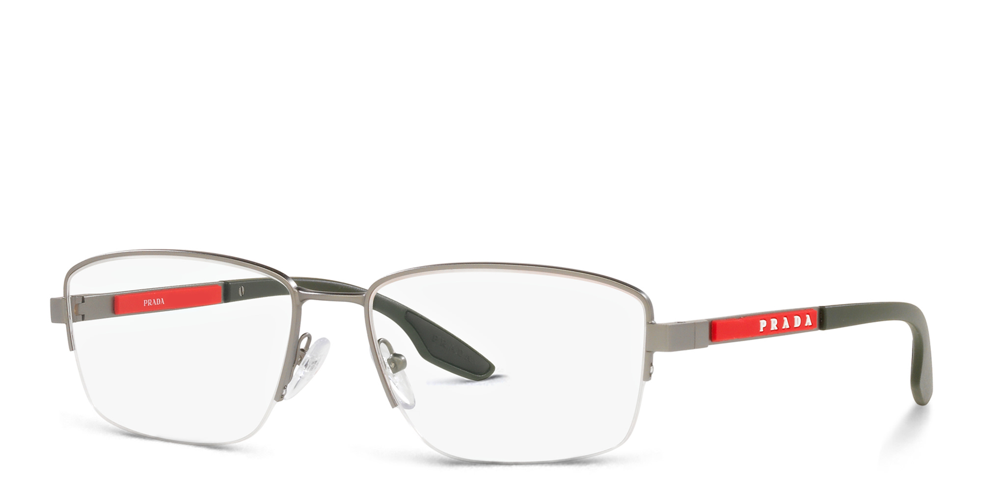 Shop Prada Linea Rossa Half-Rim Wide Rectangle Eyeglasses in Matte Gunmetal online.