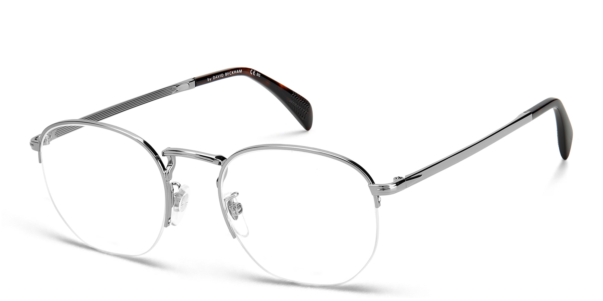 Shop DAVID BECKHAM Half Rim Oval Eyeglasses in Ruthenium Havana online.