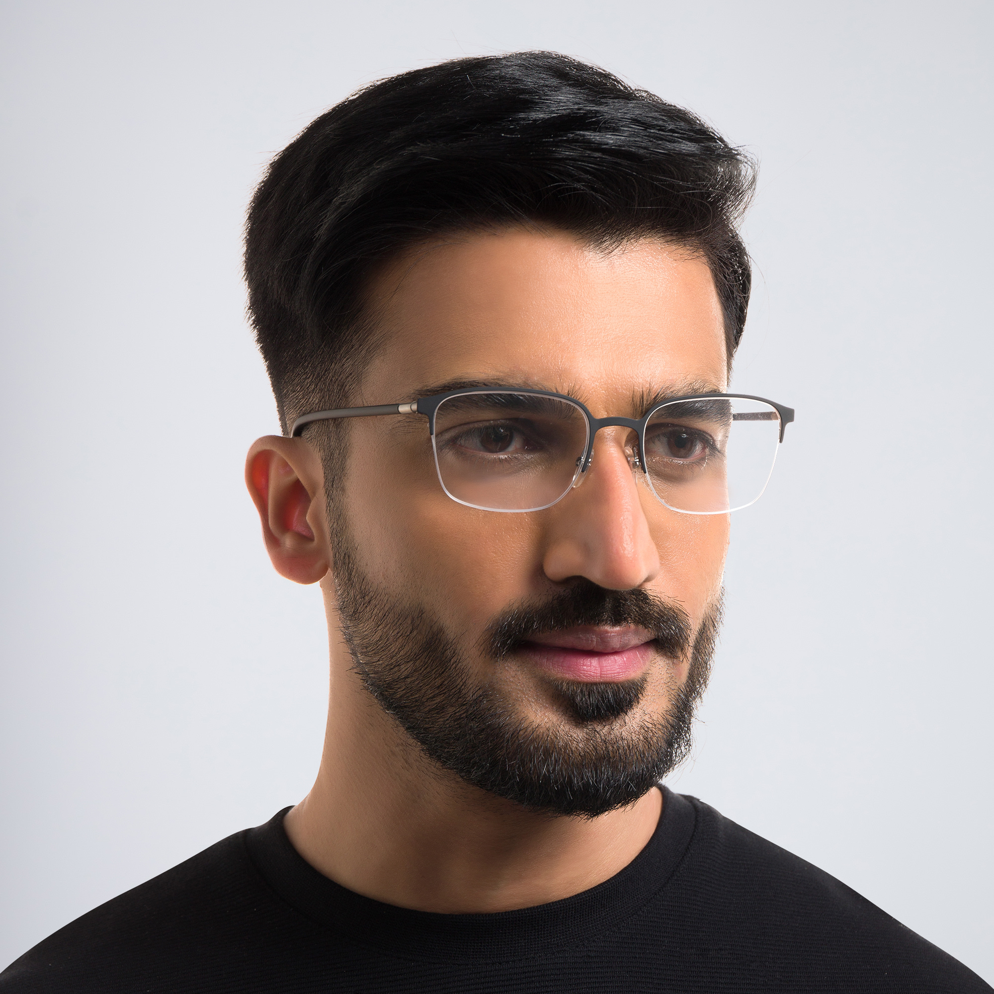 Shop EYE'M Half Rim Rectangle Eyeglasses in Black & Gunmetal online.