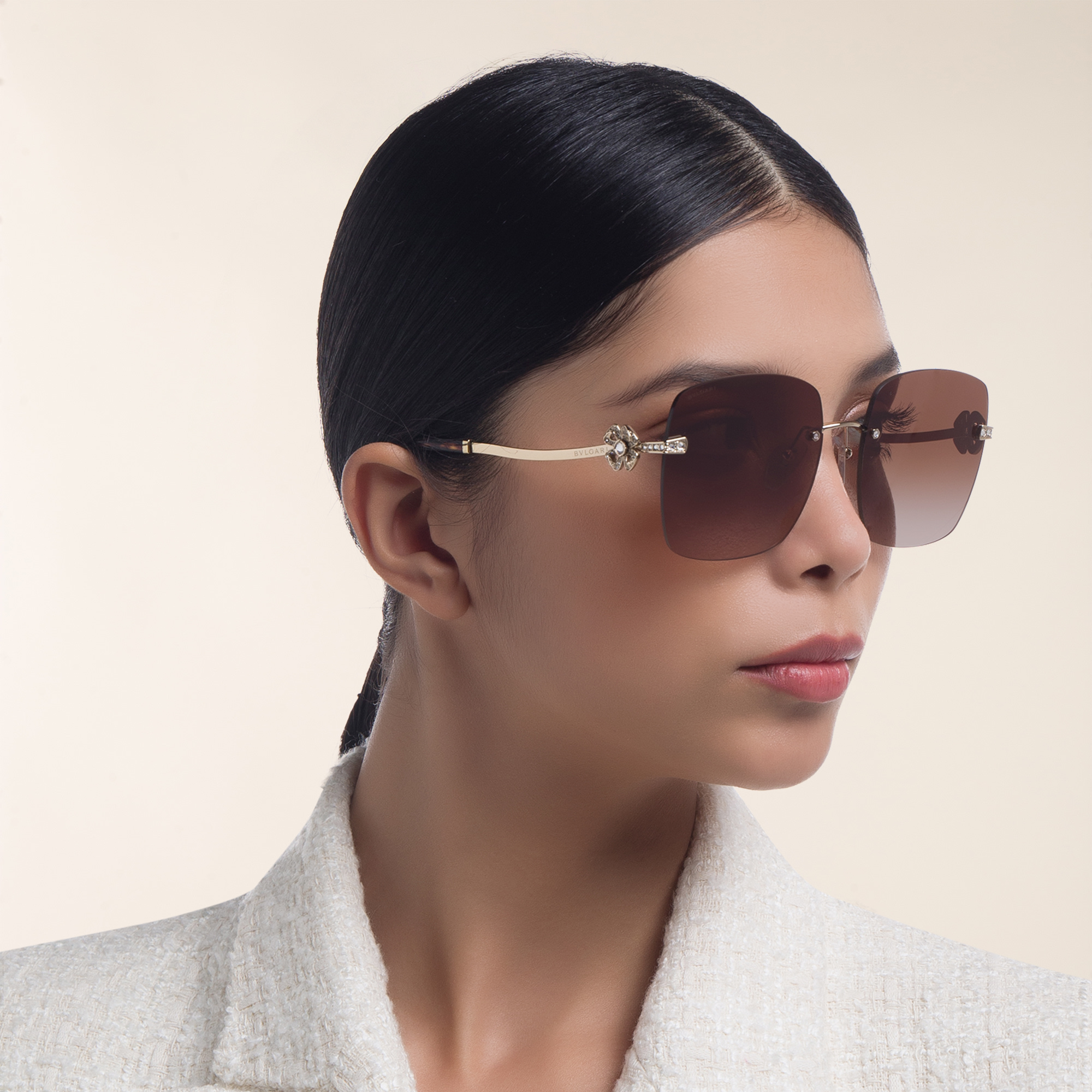 Shop BVLGARI Rimless Square Sunglasses in Pale Gold online.