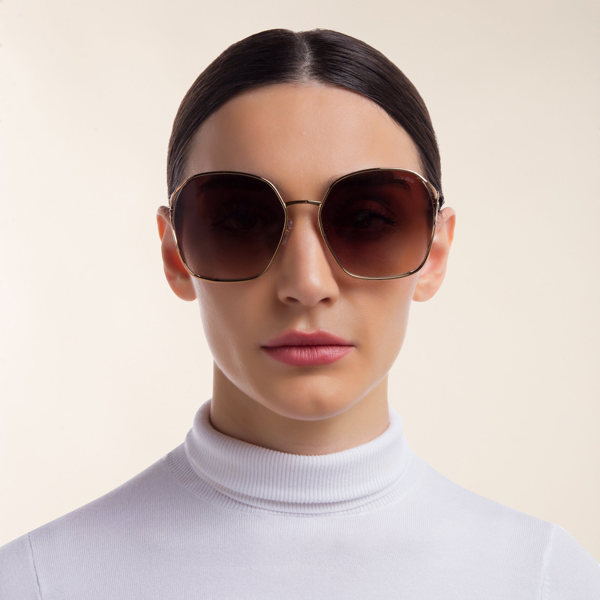 Shop MIU MIU Half Rim Irregular Sunglasses in Gold online.
