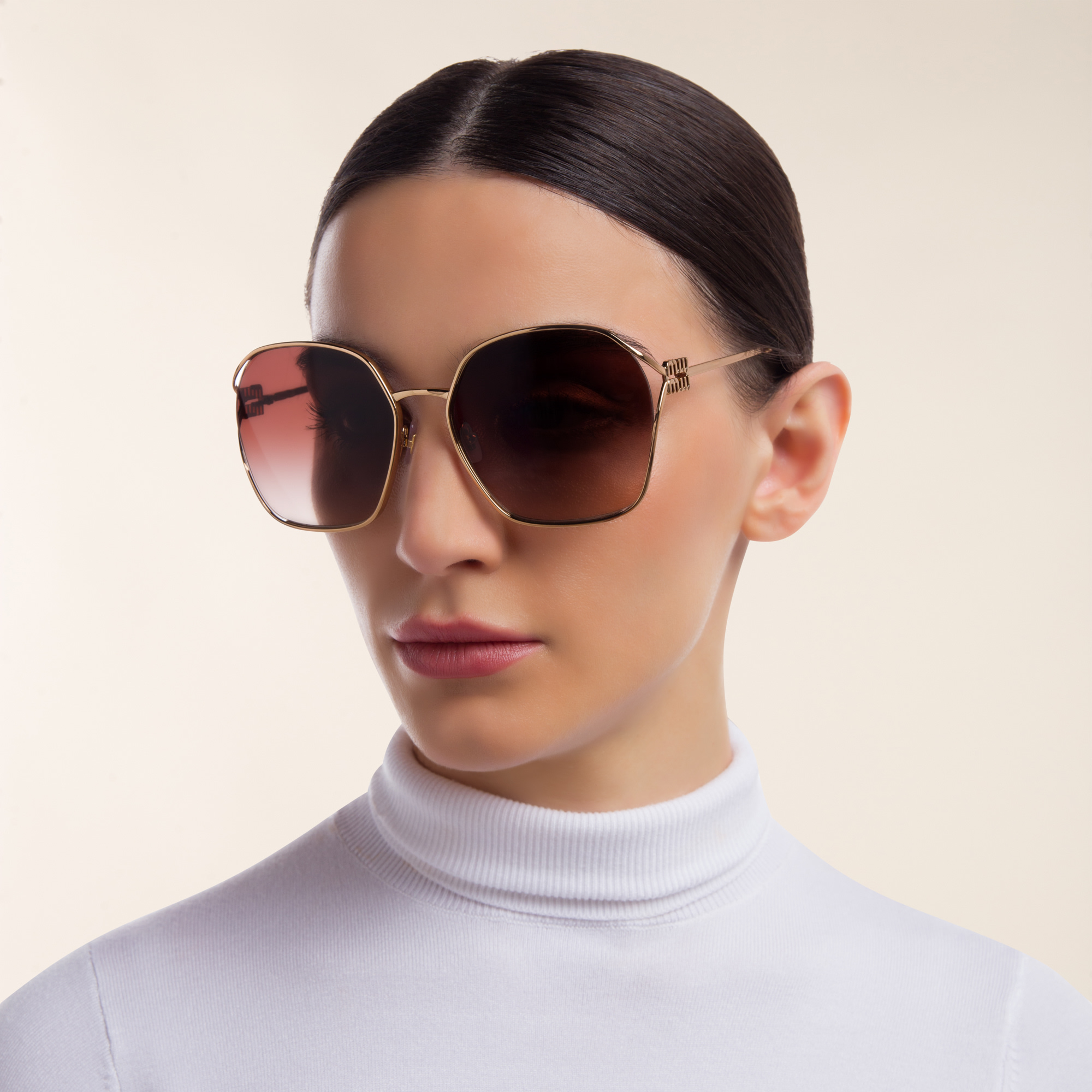 Shop MIU MIU Half Rim Irregular Sunglasses in Gold online.