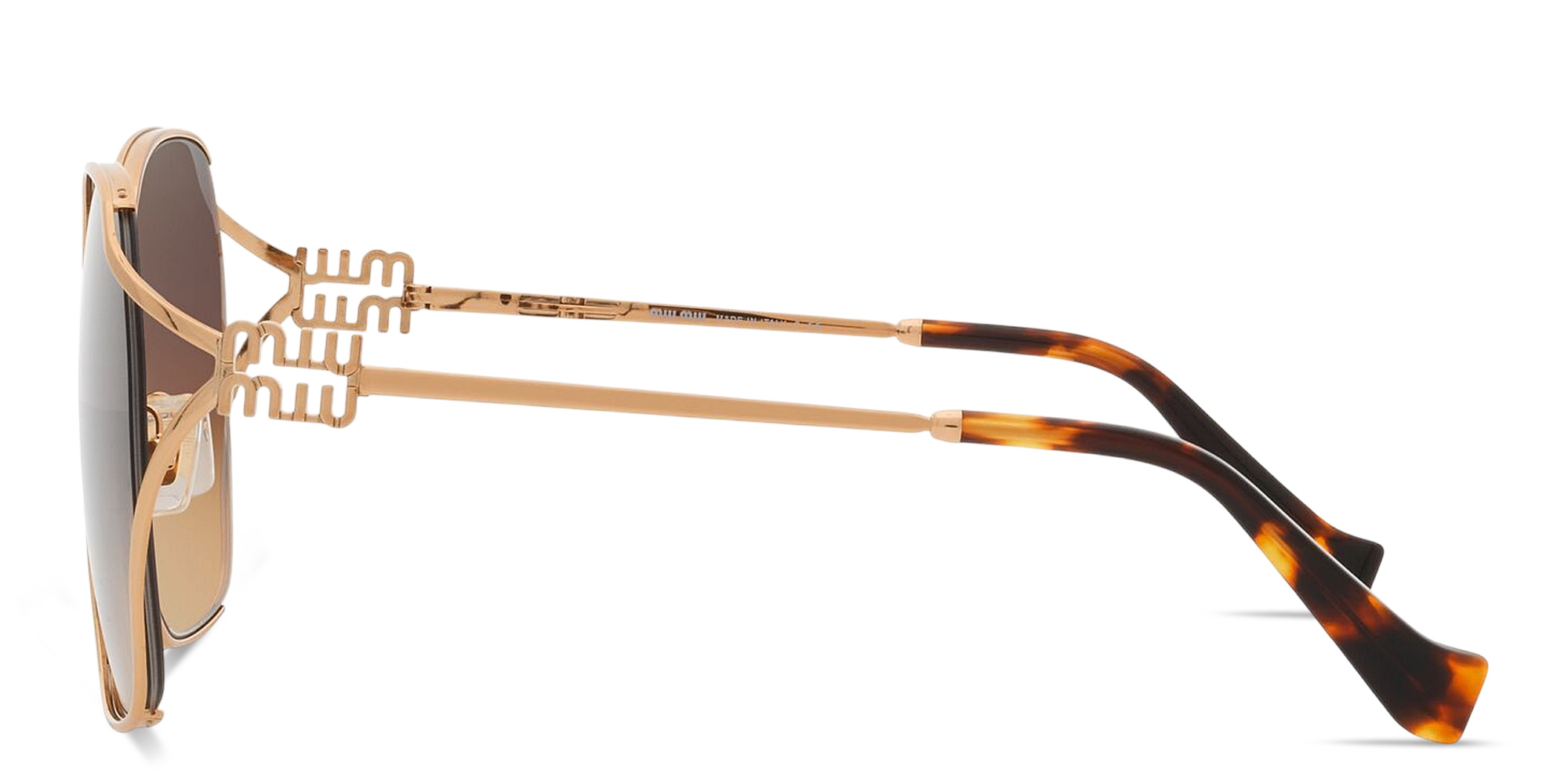 Shop MIU MIU Half Rim Irregular Sunglasses in Gold online.