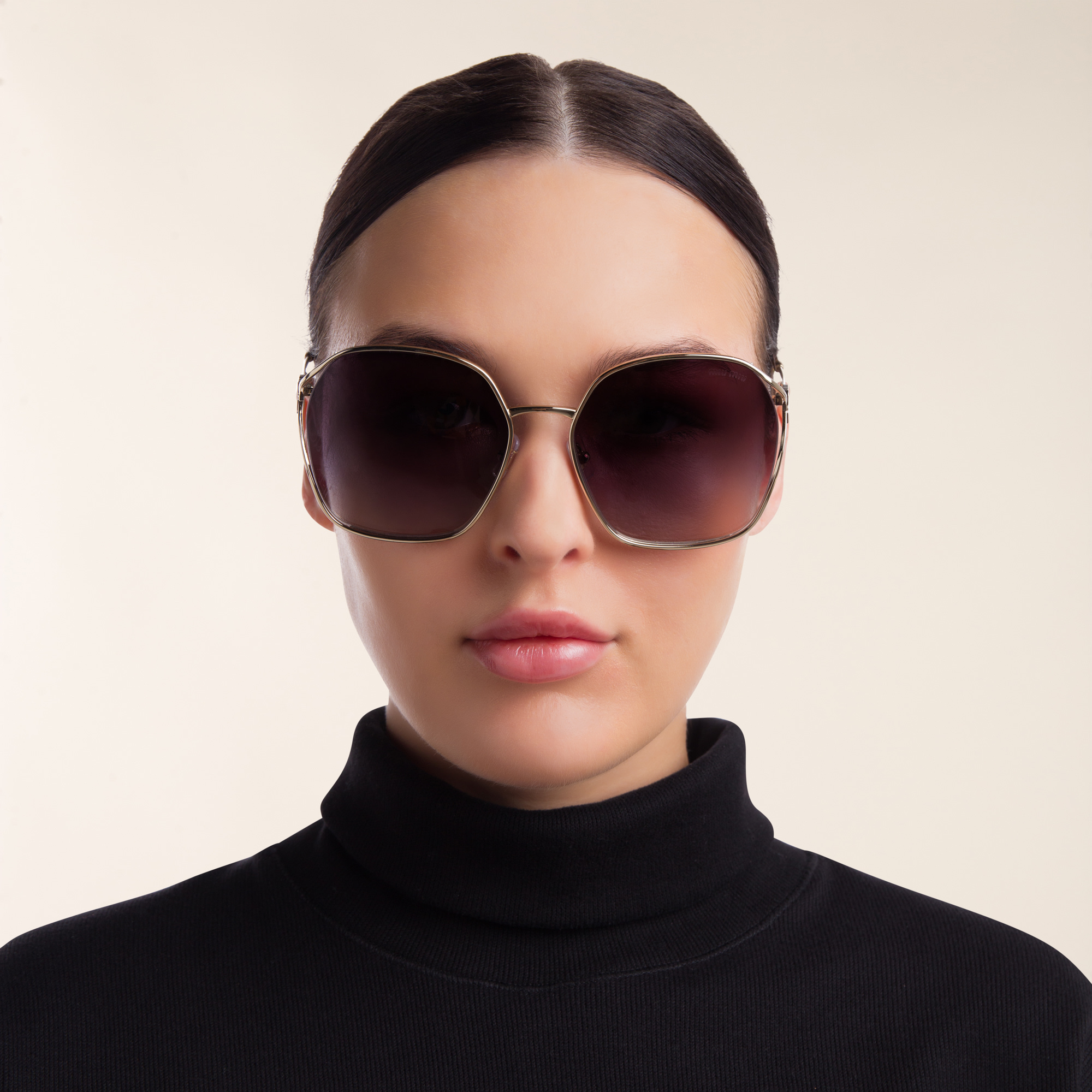 Shop MIU MIU Half Rim Irregular Sunglasses in Pale Gold online.