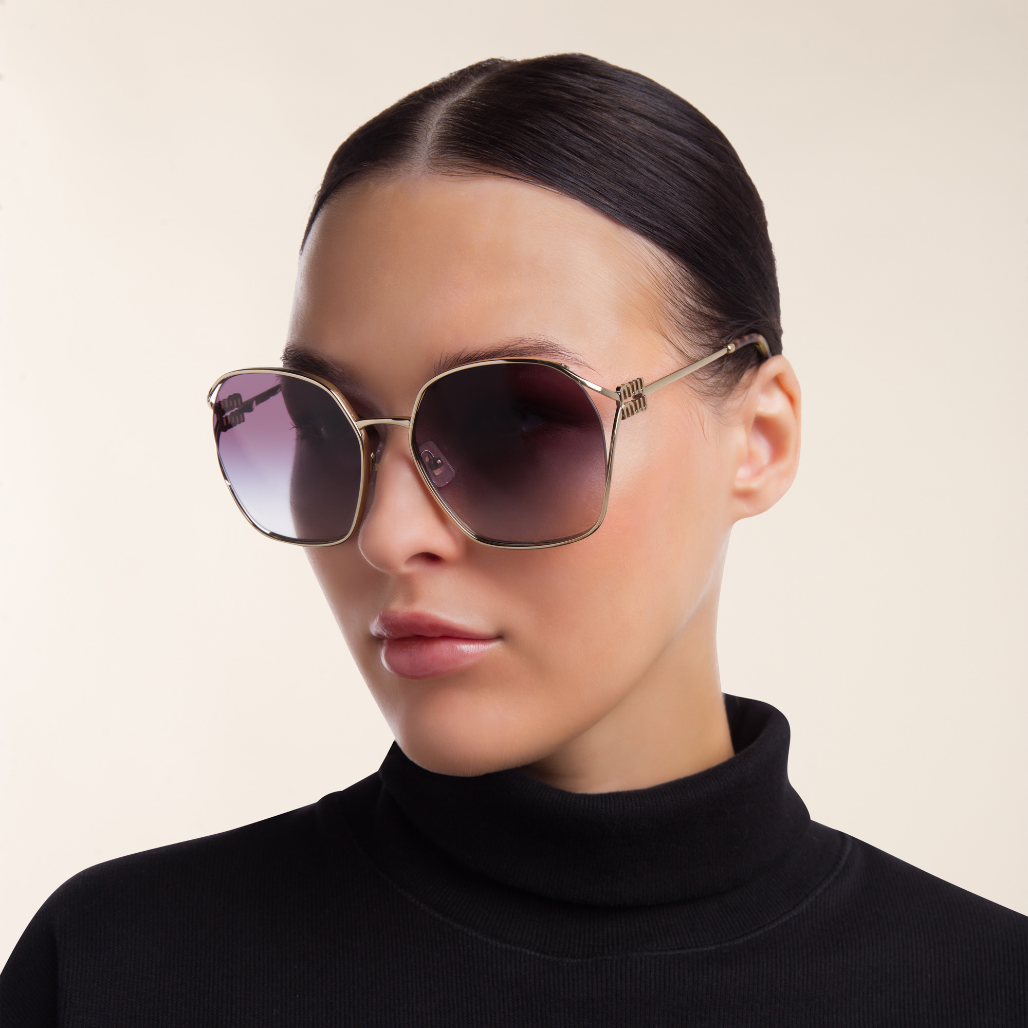 Shop MIU MIU Half Rim Irregular Sunglasses in Pale Gold online.