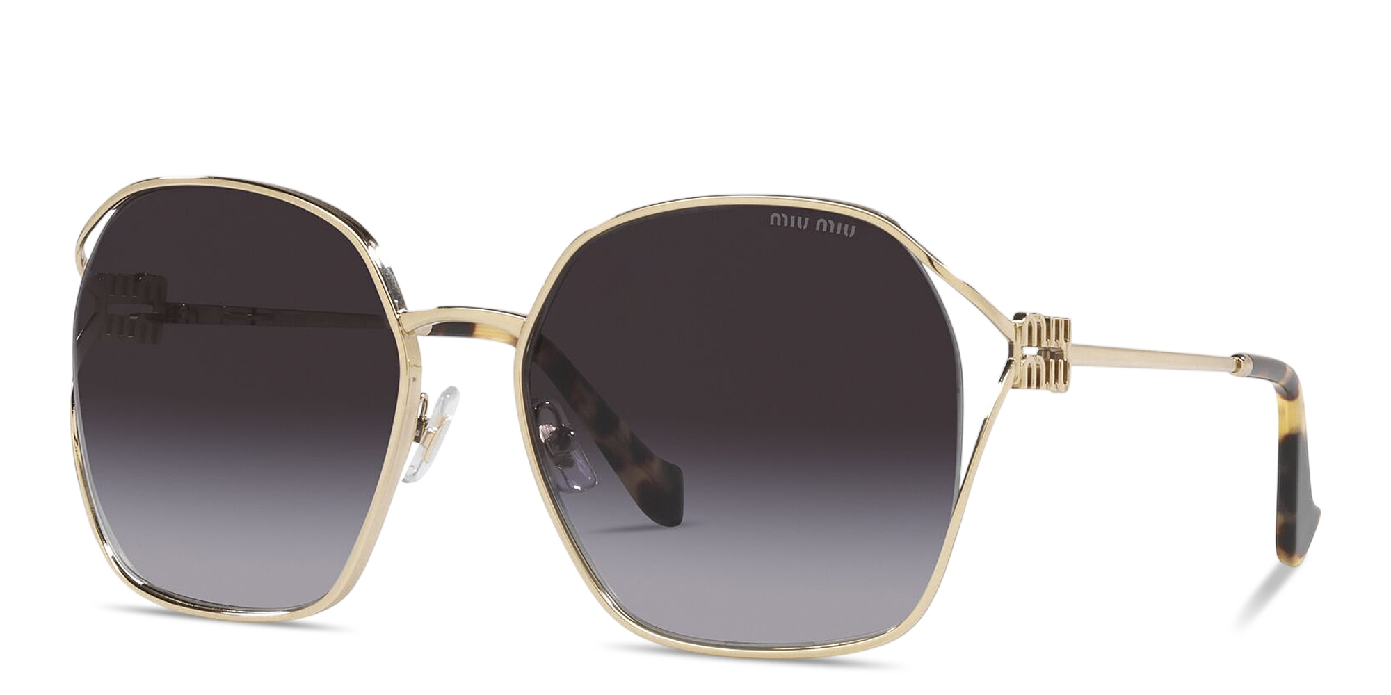 Shop MIU MIU Half Rim Irregular Sunglasses in Pale Gold online.