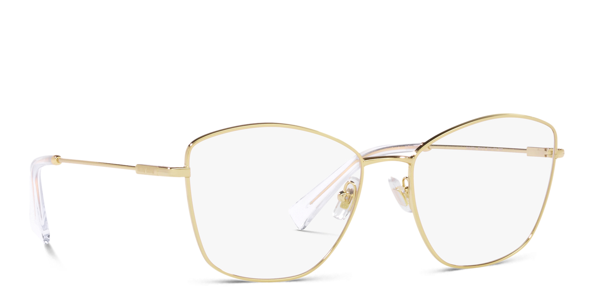 Shop MIU MIU Wide Butterfly Eyeglasses in Gold online.