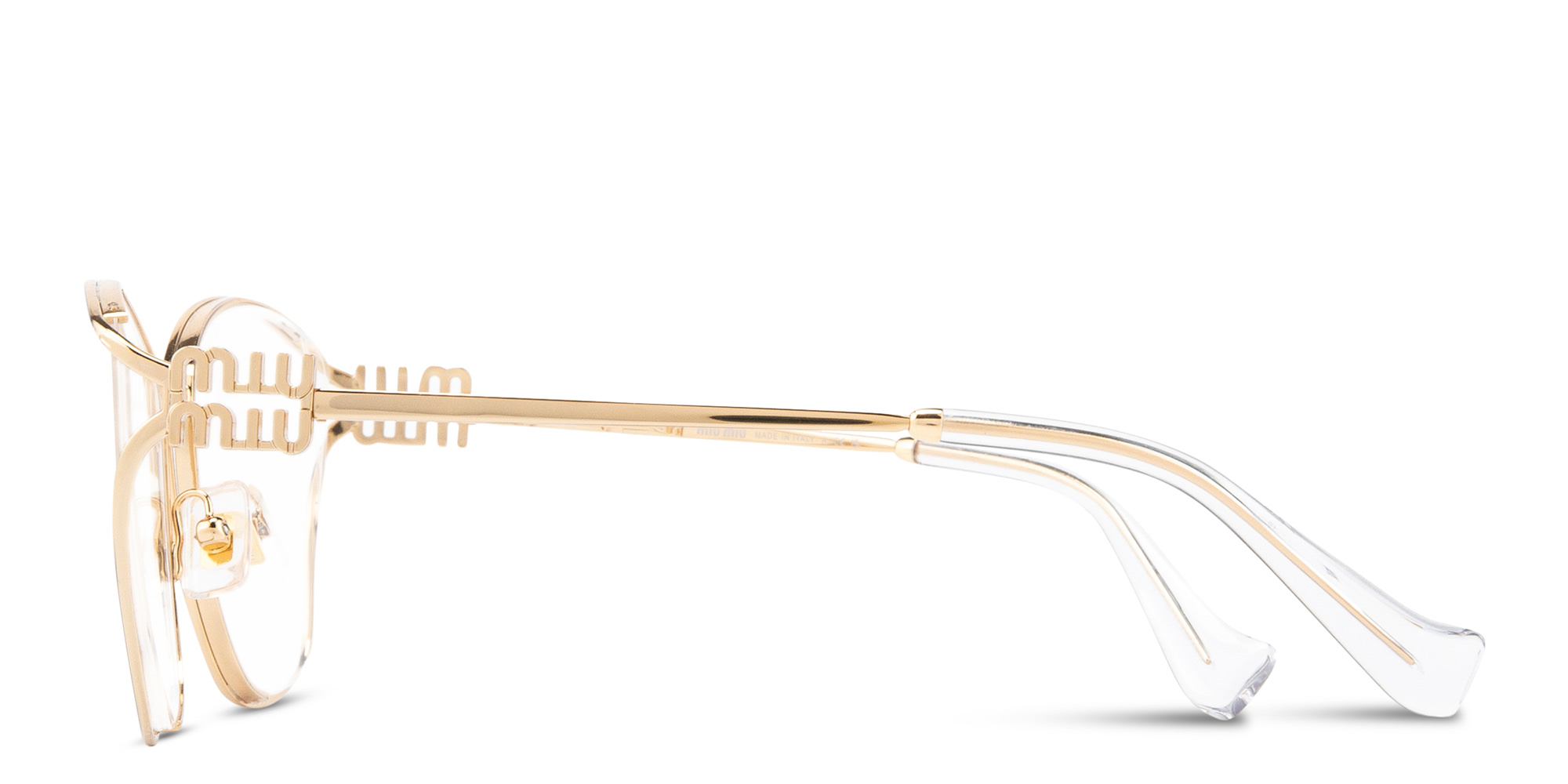 Shop MIU MIU Wide Irregular Eyeglasses in Gold online.